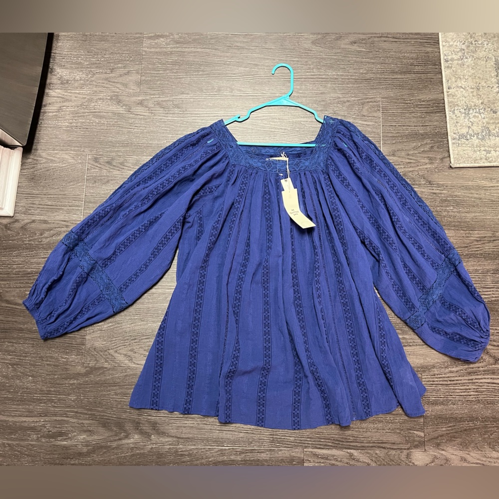 Ne Quittez Pas Anthropologie Womens Shirt x large Blue Eyelet Peasant Boho Top